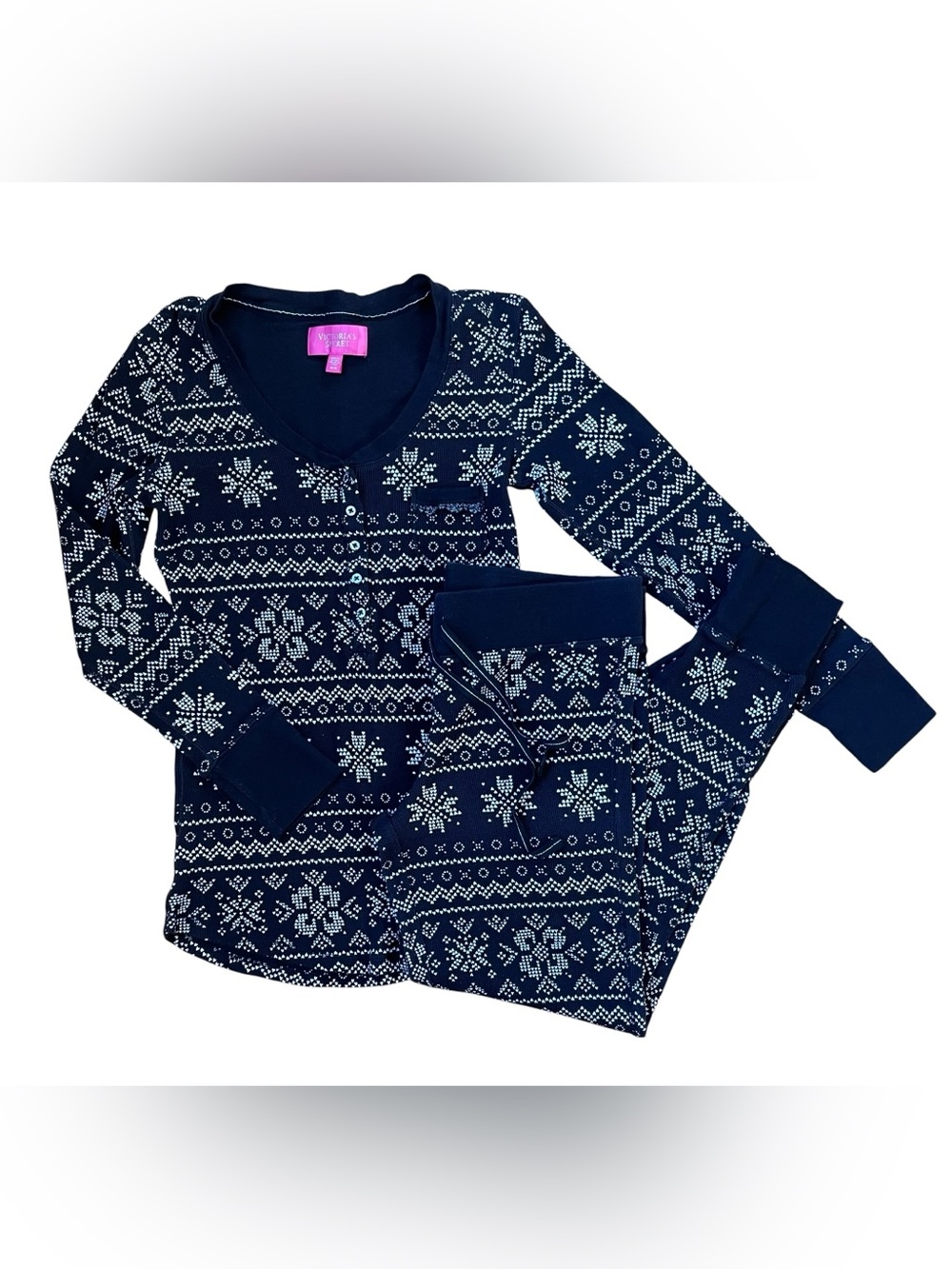 Vintage Y2K 2000s Victorias Secret Pajamas Set Fair Isle Thermal Waffle Knit